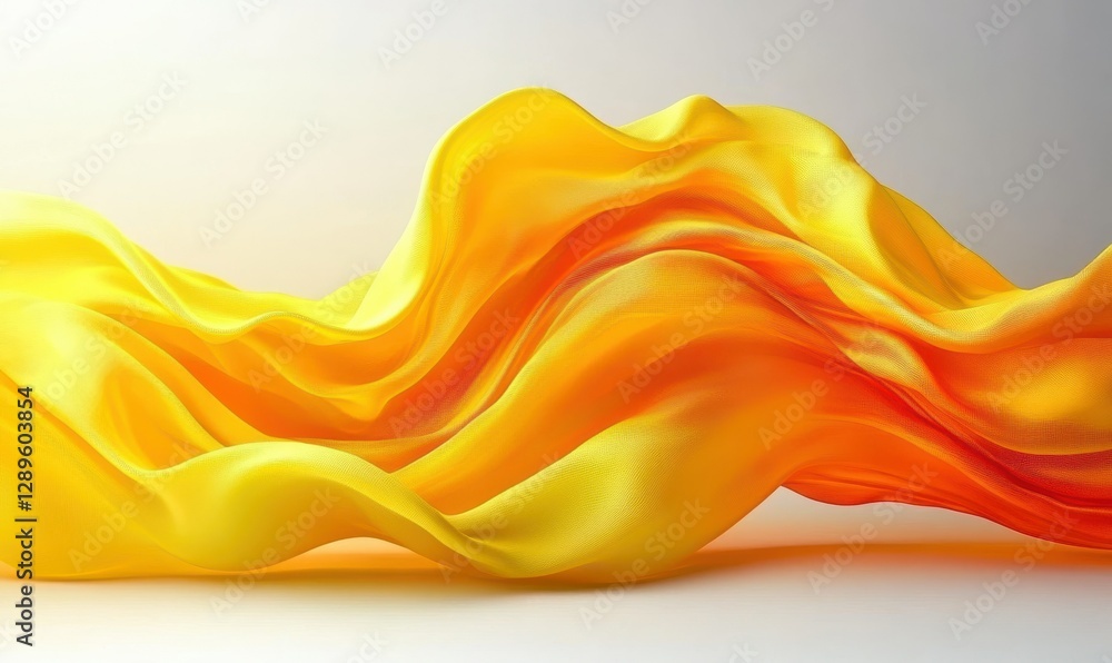Poster bright yellow and orange gradient fabric flowing in soft waves, dynamic folds creating a bold and lu