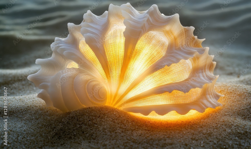 Poster elegant seashell illuminated by glowing light, placed on a soft sandy surface, creating a natural an