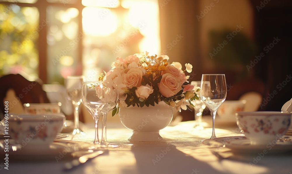 Poster elegant table setting with fine china and a floral centerpiece, soft warm light creating an inviting
