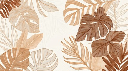 Fototapeta premium Boho background with line-drawn brown and beige tropical leaves. Stylish banner with exotic plants for home decor, prints, wrapping paper, or fabrics.
