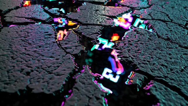 Reflections of Cyberpunk Neon Signs in Puddles on a Cracked Asphalt Urban Street at Night. Cinematic Footage. Commercial / Product Concept Imagery. Animated Background / Live Wallpaper.