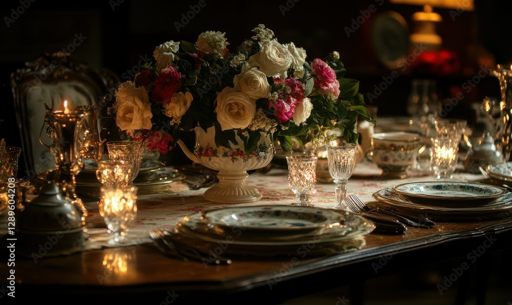 Poster elegant table setting with fine china and fresh flowers, softly illuminated to create a sophisticate
