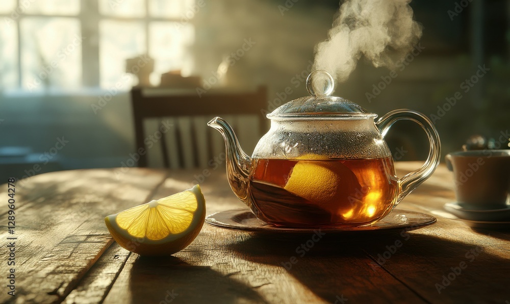 Poster elegant tea set with a steaming glass teapot and a slice of lemon, rustic wooden table illuminated b