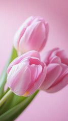 Fototapeta premium Close-up of pink tulips arranged gently against a soft pink background, symbolizing love, spring, and femininity, perfect for romantic or celebratory themes.