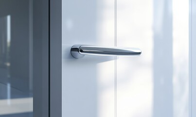Elegant white door with a sleek silver handle glowing softly under natural light, creating a clean and minimal composition