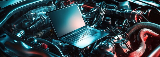 laptop on car engine in repair and maintenance workshop diagnosis