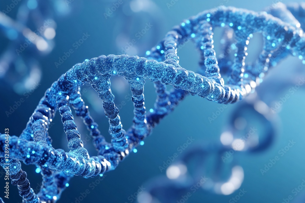 Poster blue dna helix structure on dark background with bokeh effect. medical research and biotechnology co
