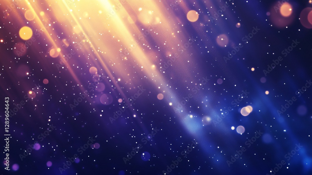 Wall mural magical night sky background with glowing light beams and floating bokeh particles in purple and blu