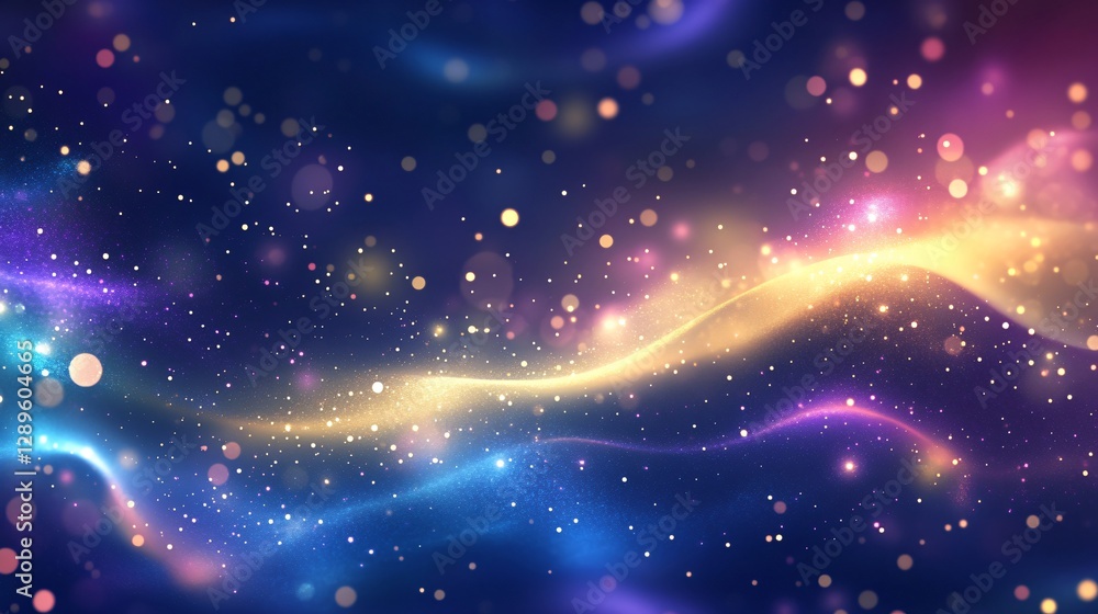 Poster magical space background with colorful nebula and glowing particles. abstract cosmic scene with gold