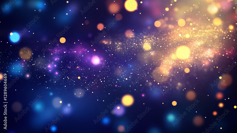 Poster magical galaxy background with colorful bokeh lights and glowing particles in dark space. cosmic abs
