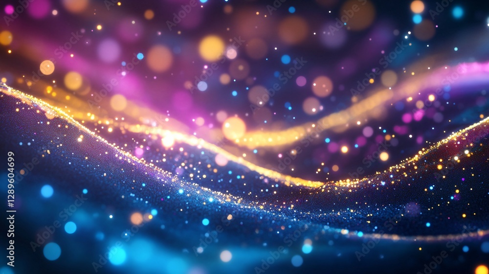 Poster magical glowing particles and light waves on dark background with bokeh effect. abstract cosmic spac