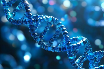Blue dna helix structure on dark background with bokeh effect. Genetic research and biotechnology concept. Scientific medical background for genetics study presentation