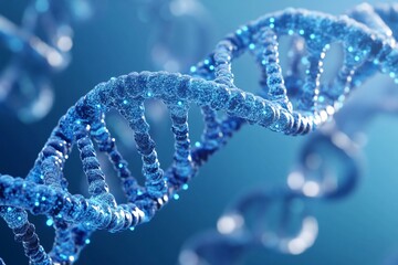 Blue dna helix structure on dark background with bokeh effect. Medical research and biotechnology concept. Genetic engineering and science visualization in medicine