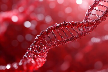 Red glowing dna strand on blurred bokeh background with copy space. Medical research genetic testing concept. Scientific molecular structure study and healthcare future tech