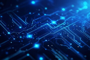 Digital circuit board pattern with glowing blue lines and dots on dark background. Technology network concept. Abstract electronic design for data processing systems