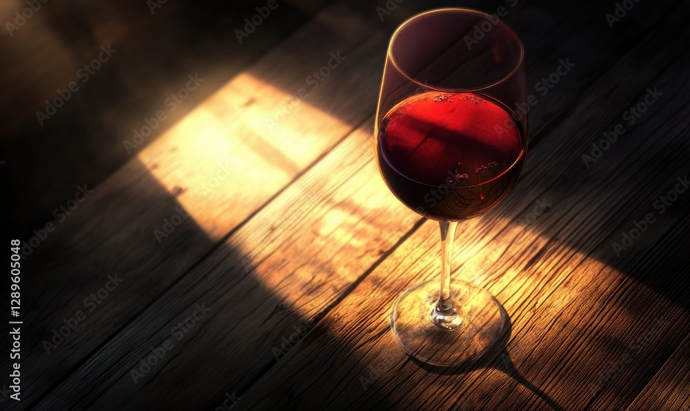 Poster elegant wine glass with deep red wine resting on a rustic wooden table, softly illuminated to enhanc