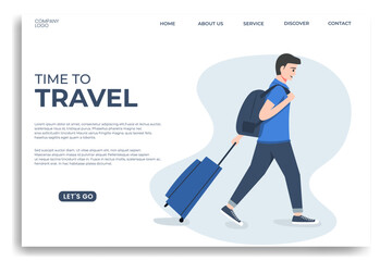 Travel landing page vector template with a traveler flat character carrying a suitcase illustration. Clean and minimalist design for travel websites, booking platforms, and agencies.
