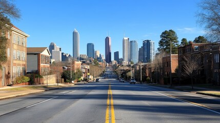 Fototapeta premium City streets stretch beyond the horizon, lined by towering buildings. The clear blue sky provides a backdrop to this urban panorama.