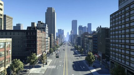 City streets stretch beyond the horizon, lined by towering buildings. The clear blue sky provides a backdrop to this urban panorama.