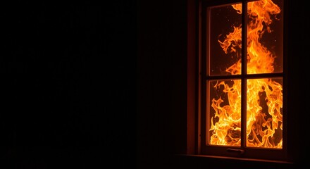 Burning flames visible through a dark window frame, conveying urgency and danger, representing a fire consuming a structure