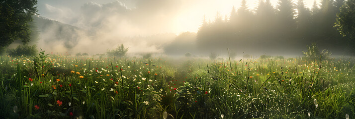 Morning Serenity in a Dewy Meadow: A Peaceful Dawn in Nature's Lush Embrace