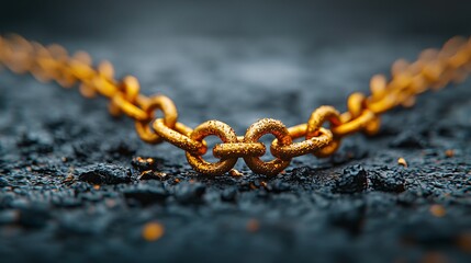 Close-up of an intricate golden chain lying on a textured dark surface, showcasing its shine and...