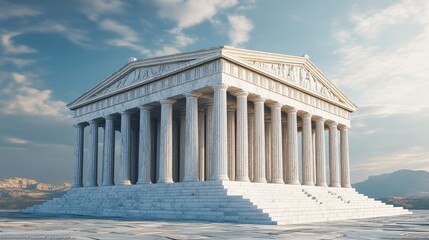 Obraz premium Classical Greek temple in 3D, resembling the Parthenon, with pillars and a marble facade. Perfect for architectural designs or representing ancient Greece in illustrations.