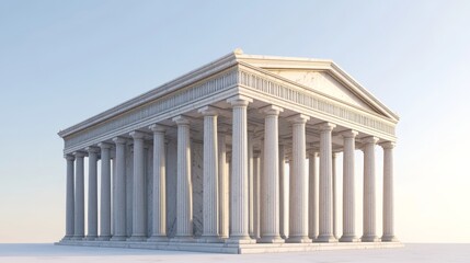 Fototapeta premium Classical Greek temple in 3D, resembling the Parthenon, with pillars and a marble facade. Perfect for architectural designs or representing ancient Greece in illustrations.