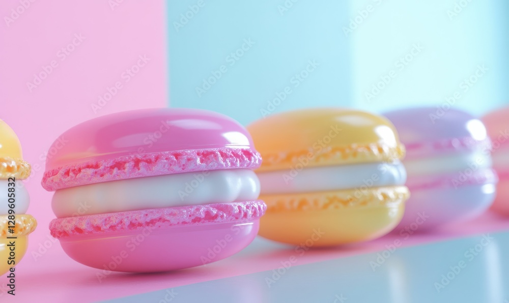 Poster close-up of colorful macarons arranged in a neat row on a pastel surface, natural light emphasizing 