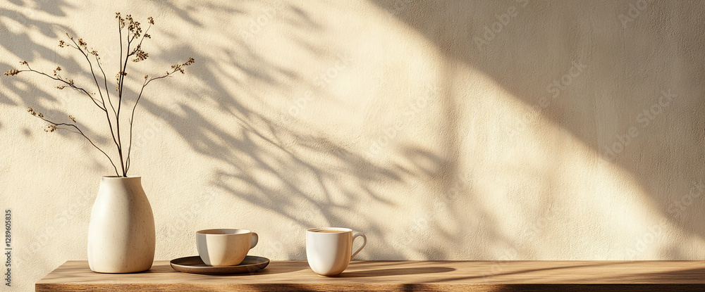 Poster Two ceramic cups on a wooden table with a simple dry branch in a vase and soft shadows on the wall, creating a minimalist and peaceful atmosphere.