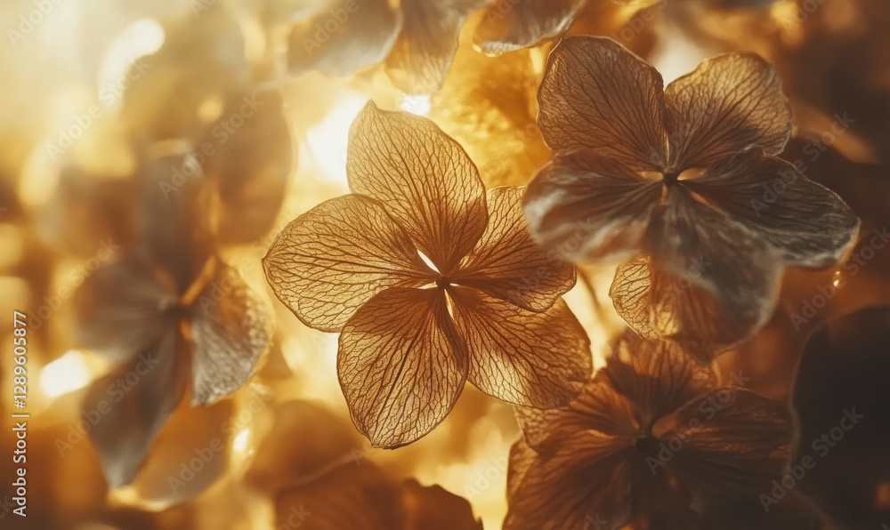 Aufkleber close-up of dried golden flowers illuminated by soft warm light, creating a rustic and elegant botan