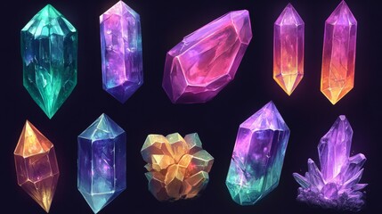 Colorful crystals and gemstones with unique shapes and sizes, perfect for enhancing game designs. These shiny stones represent precious gems and magical crystals.