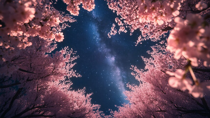 桜のアーチと満天の星空 – 夜桜の門から宇宙を見上げる幻想的な眺め