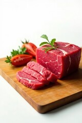 Fototapeta premium Fresh raw beef sliced on a cutting board on white background, cut, restaurant quality, meat