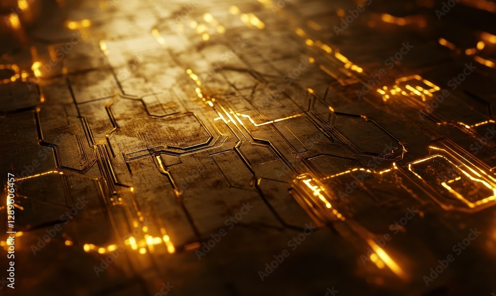 Poster close-up of glowing golden circuitry on a sleek metallic surface, intricate digital patterns represe