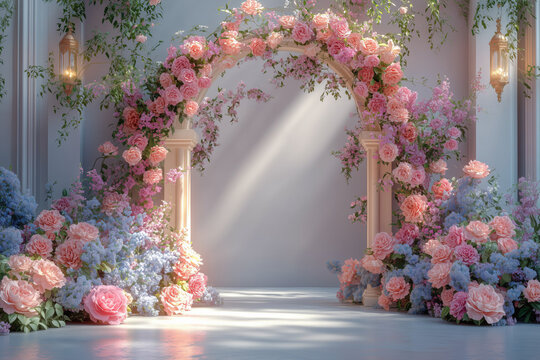 Beautiful floral archway adorned with pink and blue flowers in an elegant setting