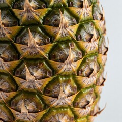 Fototapeta premium Pineapple surface close-up displaying intricate golden-brown texture, isolated on white