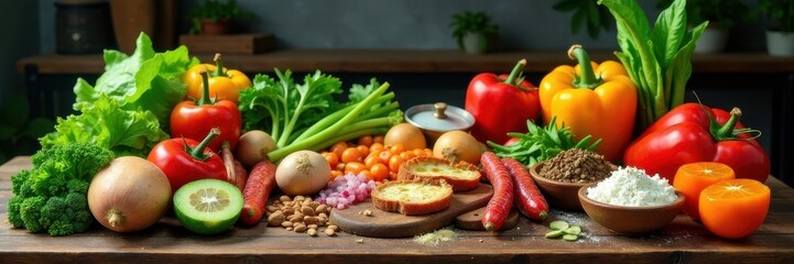 A table filled with various healthy ingredients, kitchen table, food styling