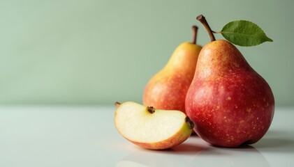 Two perfect pears, different angles, pristine backdrop, pair, background