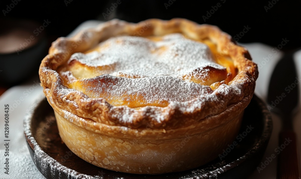 Poster freshly baked pie topped with a golden crust and a dusting of powdered sugar, softly illuminated to 
