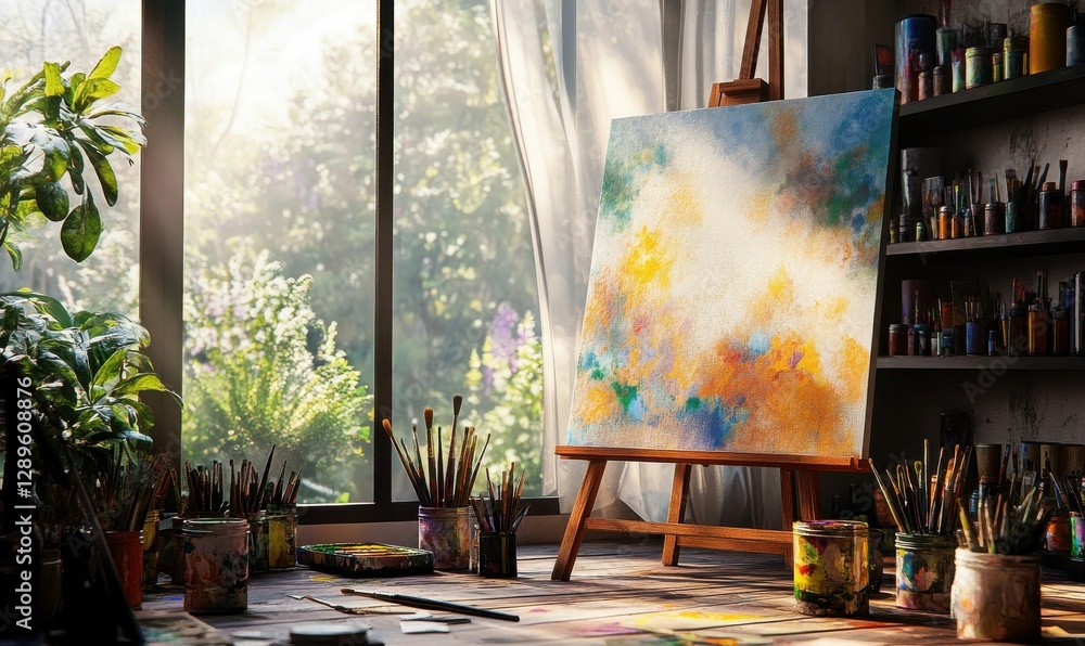 Poster creative workspace with vibrant paints, brushes, and a large canvas in progress, flooded with soft m