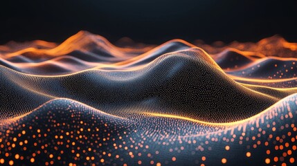 Digital sound waves with glowing dots flowing across a dark background, representing data visualization, technology, and futuristic audio signal analysis in a modern abstract style.