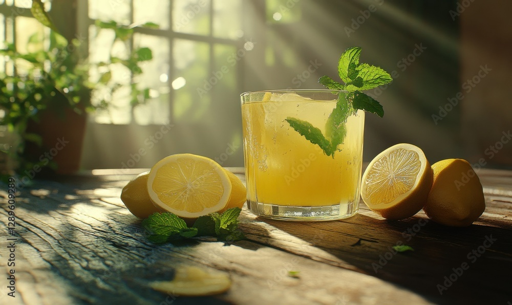 Poster freshly squeezed lemon juice in a glass with slices of lemon and mint, placed on a rustic wooden tab