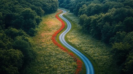 Fototapeta premium Winding Road Through Green Forest. Red Flowers Bloom. Aerial View. Nature Landscape. Summer Time. Scenic Route. Travel Adventure. Open Countryside.
