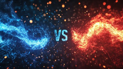 Blue versus red energy particles collide. Abstract competition backdrop. Hot fire versus cold ice concept. Fighting concept. Digital artwork.