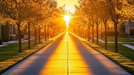 Sunset street, tree-lined path, suburban houses, golden hour, neighborhood tranquility