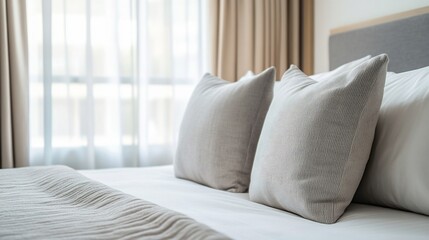 Cozy bedroom with neutral pillows and bedding near window.