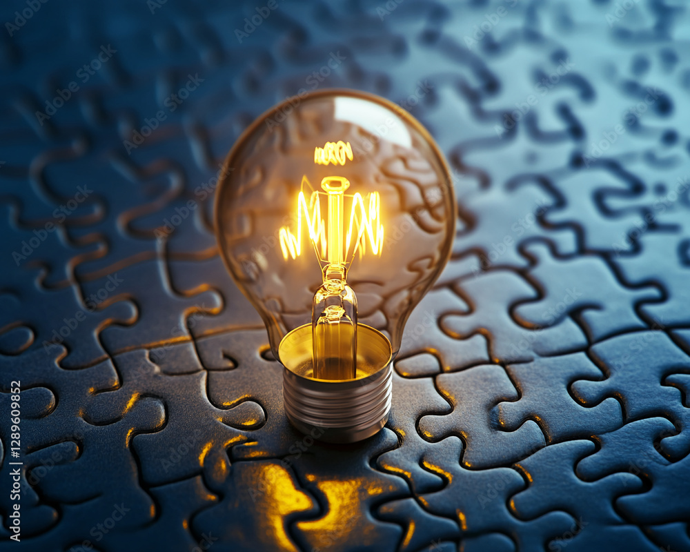 Poster close-up of a glowing lightbulb on a puzzle background, symbolizing creativity, problem-solving, and
