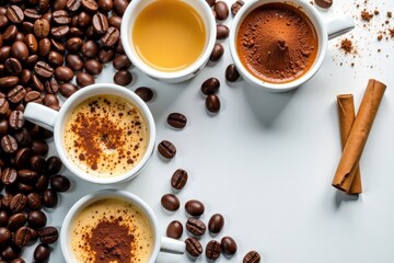 Fototapeta premium Various coffee beans, frothed milk, syrup, cinnamon, chocolate shavings, espresso machine, cups, cafe, coffee beans