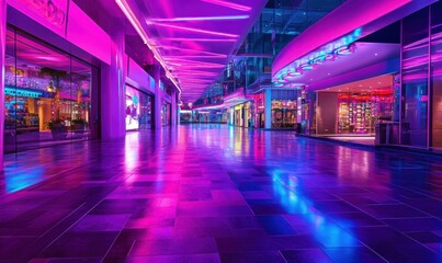 Fototapeta premium Futuristic cityscape glowing with neon pink and purple lights, streets reflecting vibrant colors in a high-tech urban setting